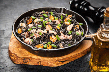 Squid Ink Pasta with Shrimp and Burrata 