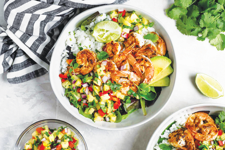 SHRIMP BOWLS WITH COCONUT CILANTRO LIME RICE AND PINEAPPLE SALSA